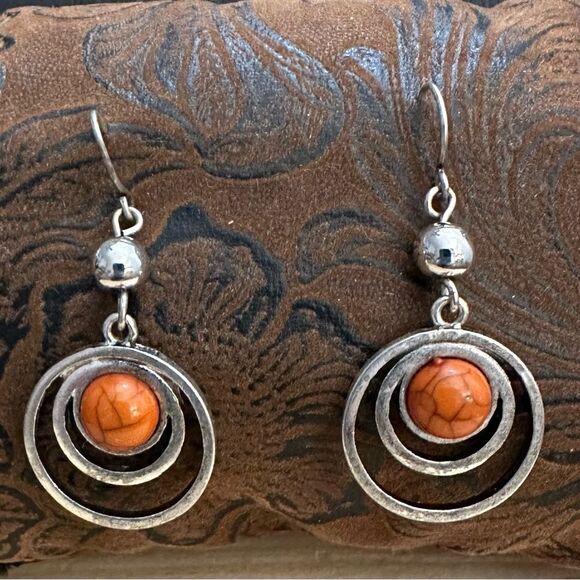 Orbital Silver and Orange Earrings with Concentric Design - Picture 1 of 2